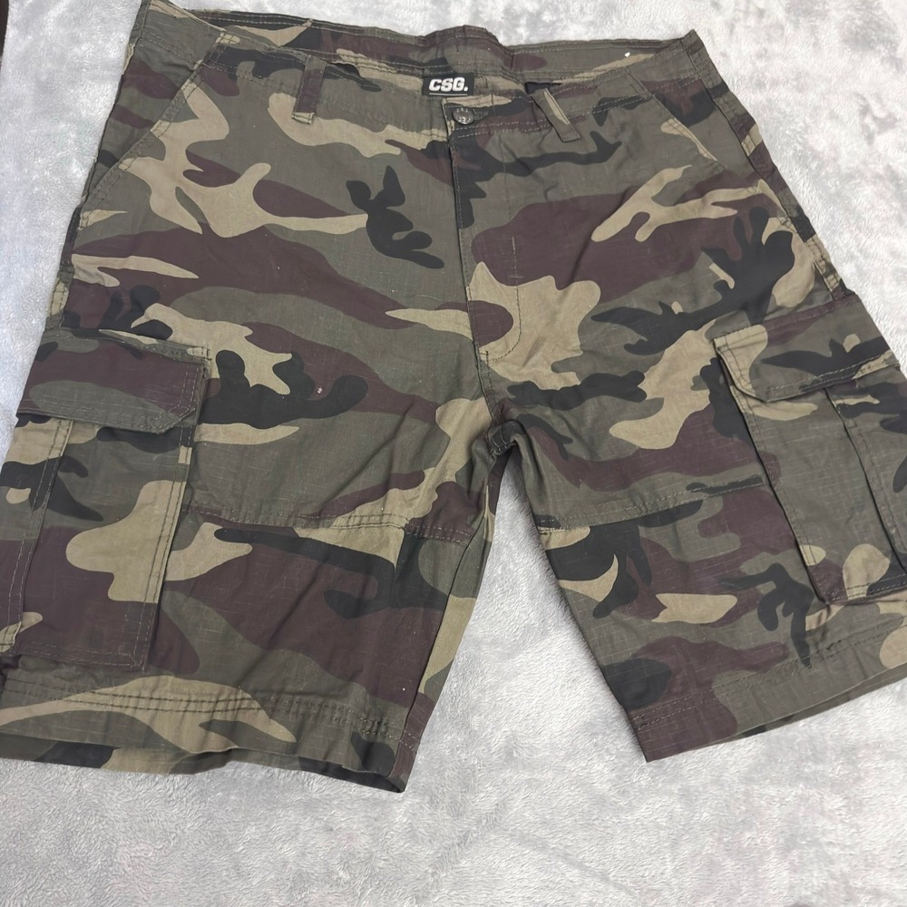 CSG Cargo Shorts Mens 40 Green Camo Ripstop Multi Pocket Military Utility